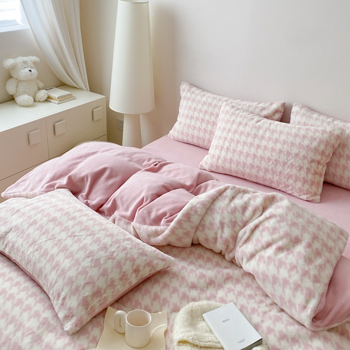 91家纺网 家纺一手货源 找家纺 潘朵拉 2023新款秋冬ins韩风专版印花保暖兔兔毛绒四件套 乔安（粉）