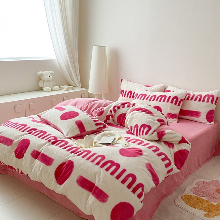 91家纺网 家纺一手货源 找家纺 潘朵拉 2023新款秋冬ins韩风专版印花保暖兔兔毛绒四件套 思恋（玫粉）