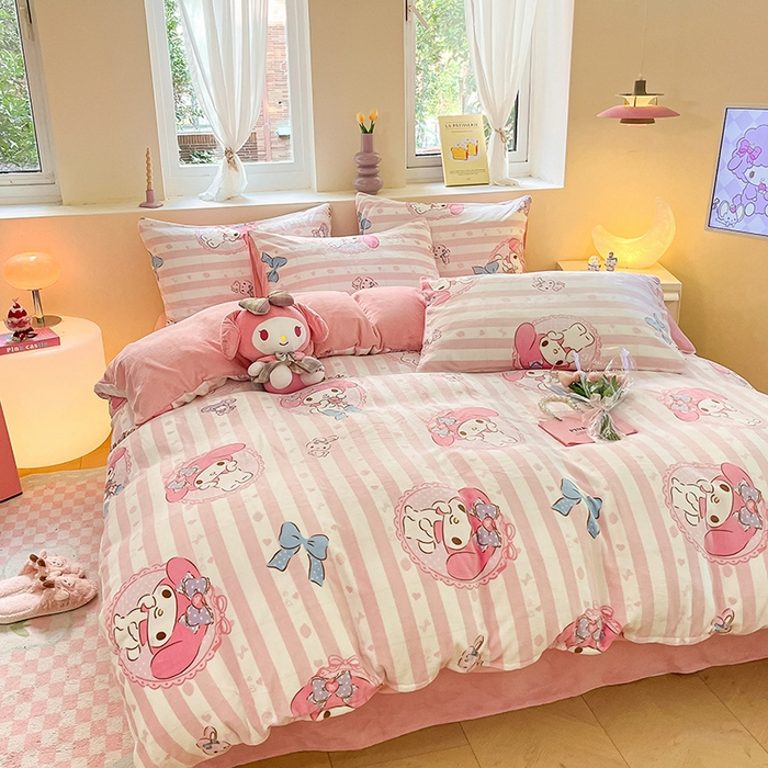 91家纺网 家纺一手货源 找家纺 金爱家 2023新款正版三丽鸥授权卡通加厚高克重牛奶绒四件套 绒三丽鸥-粉梦美乐蒂