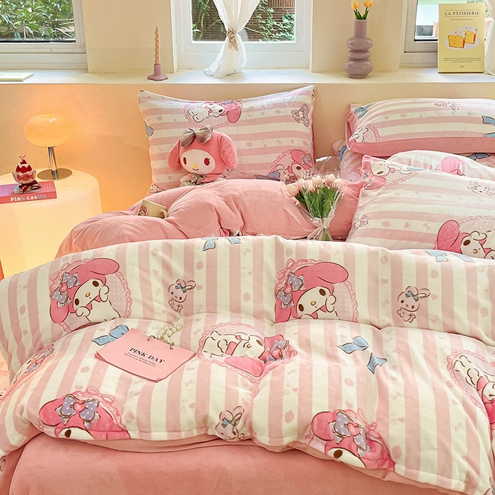 91家纺网 家纺一手货源 找家纺 金爱家 2023新款正版三丽鸥授权卡通加厚高克重牛奶绒四件套 绒三丽鸥-粉梦美乐蒂