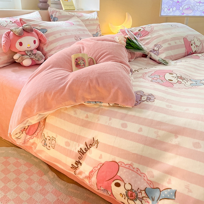 91家纺网 家纺一手货源 找家纺 金爱家 2023新款正版三丽鸥授权卡通加厚高克重牛奶绒四件套 绒三丽鸥-粉梦美乐蒂