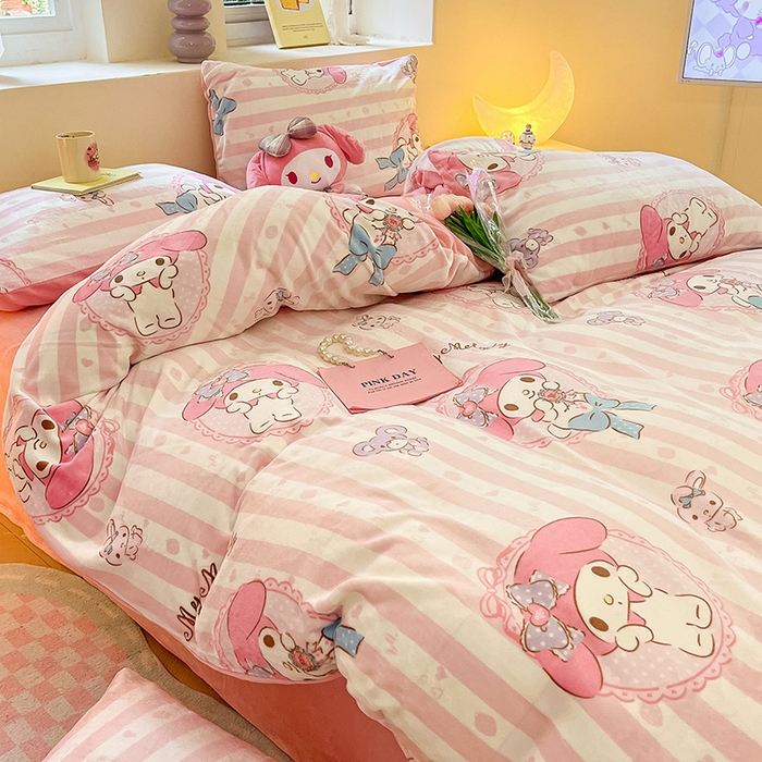 91家纺网 家纺一手货源 找家纺 金爱家 2023新款正版三丽鸥授权卡通加厚高克重牛奶绒四件套 绒三丽鸥-粉梦美乐蒂