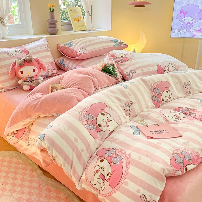 91家纺网 家纺一手货源 找家纺 金爱家 2023新款正版三丽鸥授权卡通加厚高克重牛奶绒四件套 绒三丽鸥-粉梦美乐蒂