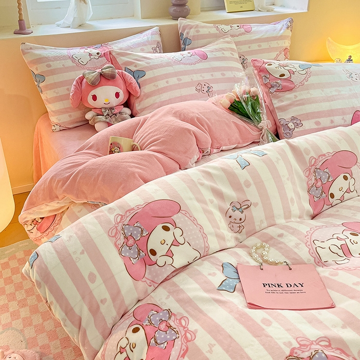 91家纺网 家纺一手货源 找家纺 金爱家 2023新款正版三丽鸥授权卡通加厚高克重牛奶绒四件套 绒三丽鸥-粉梦美乐蒂