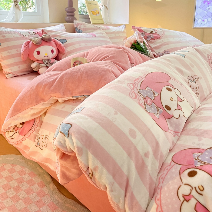91家纺网 家纺一手货源 找家纺 金爱家 2023新款正版三丽鸥授权卡通加厚高克重牛奶绒四件套 绒三丽鸥-粉梦美乐蒂