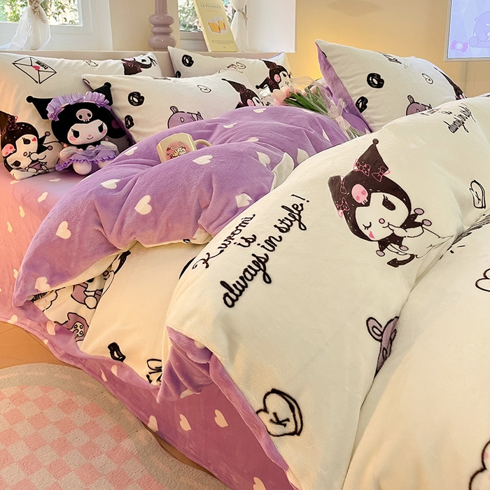 91家纺网 家纺一手货源 找家纺 金爱家 2023新款正版三丽鸥授权卡通加厚高克重牛奶绒四件套 绒三丽鸥-乖乖库洛米