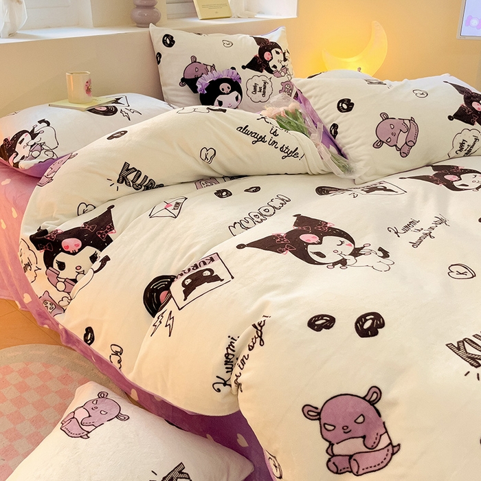 91家纺网 家纺一手货源 找家纺 金爱家 2023新款正版三丽鸥授权卡通加厚高克重牛奶绒四件套 绒三丽鸥-乖乖库洛米