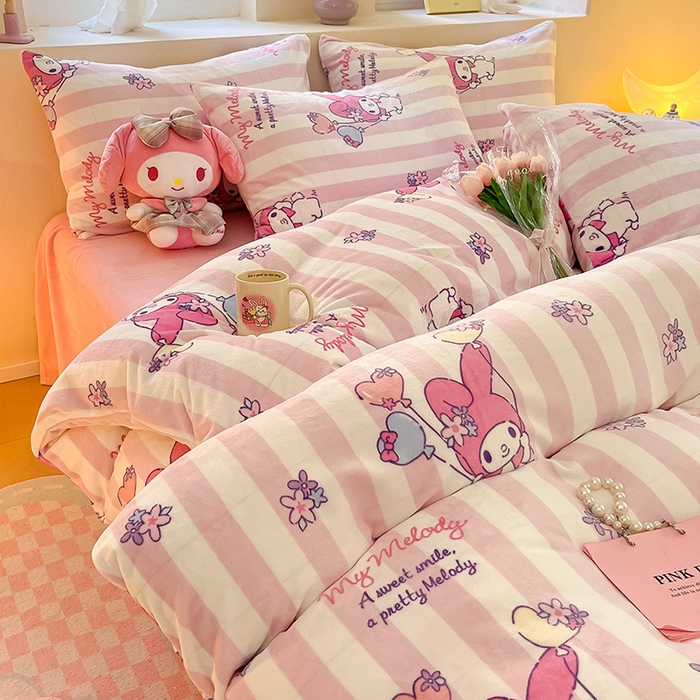 91家纺网 家纺一手货源 找家纺 金爱家 2023新款正版三丽鸥授权卡通加厚高克重牛奶绒四件套 绒三丽鸥-花花美乐蒂