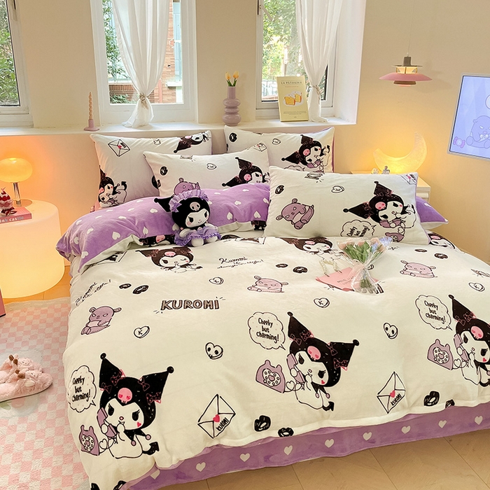 91家纺网 家纺一手货源 找家纺 金爱家 2023新款正版三丽鸥授权卡通加厚高克重牛奶绒四件套 绒三丽鸥-乖乖库洛米