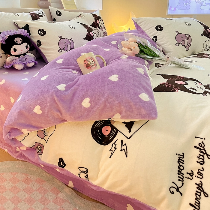 91家纺网 家纺一手货源 找家纺 金爱家 2023新款正版三丽鸥授权卡通加厚高克重牛奶绒四件套 绒三丽鸥-乖乖库洛米