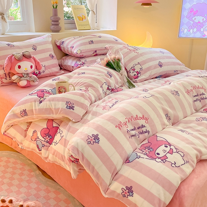 91家纺网 家纺一手货源 找家纺 金爱家 2023新款正版三丽鸥授权卡通加厚高克重牛奶绒四件套 绒三丽鸥-花花美乐蒂