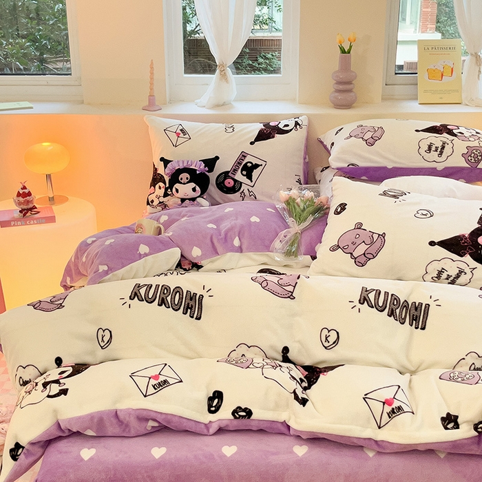 91家纺网 家纺一手货源 找家纺 金爱家 2023新款正版三丽鸥授权卡通加厚高克重牛奶绒四件套 绒三丽鸥-乖乖库洛米