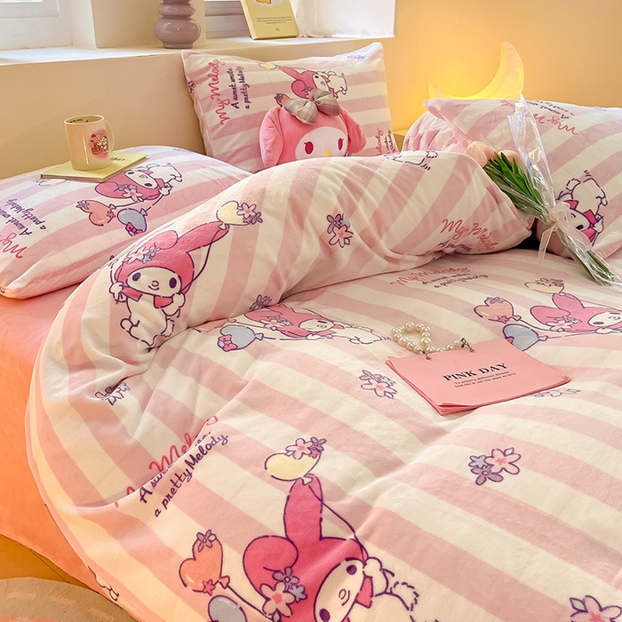 91家纺网 家纺一手货源 找家纺 金爱家 2023新款正版三丽鸥授权卡通加厚高克重牛奶绒四件套 绒三丽鸥-花花美乐蒂