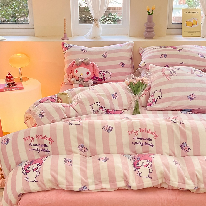 91家纺网 家纺一手货源 找家纺 金爱家 2023新款正版三丽鸥授权卡通加厚高克重牛奶绒四件套 绒三丽鸥-花花美乐蒂