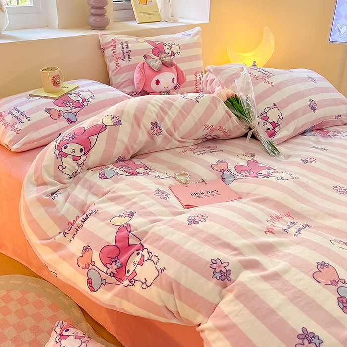 91家纺网 家纺一手货源 找家纺 金爱家 2023新款正版三丽鸥授权卡通加厚高克重牛奶绒四件套 绒三丽鸥-花花美乐蒂