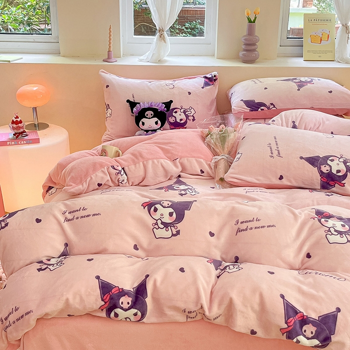 91家纺网 家纺一手货源 找家纺 金爱家 2023新款正版三丽鸥授权卡通加厚高克重牛奶绒四件套 绒三丽鸥-可爱库洛米