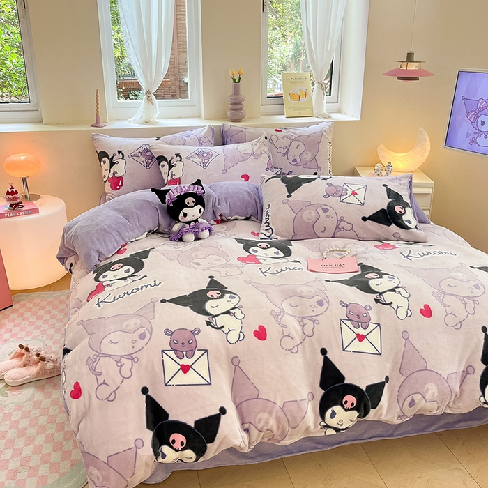 91家纺网 家纺一手货源 找家纺 金爱家 2023新款正版三丽鸥授权卡通加厚高克重牛奶绒四件套 绒三丽鸥-梦幻库洛米