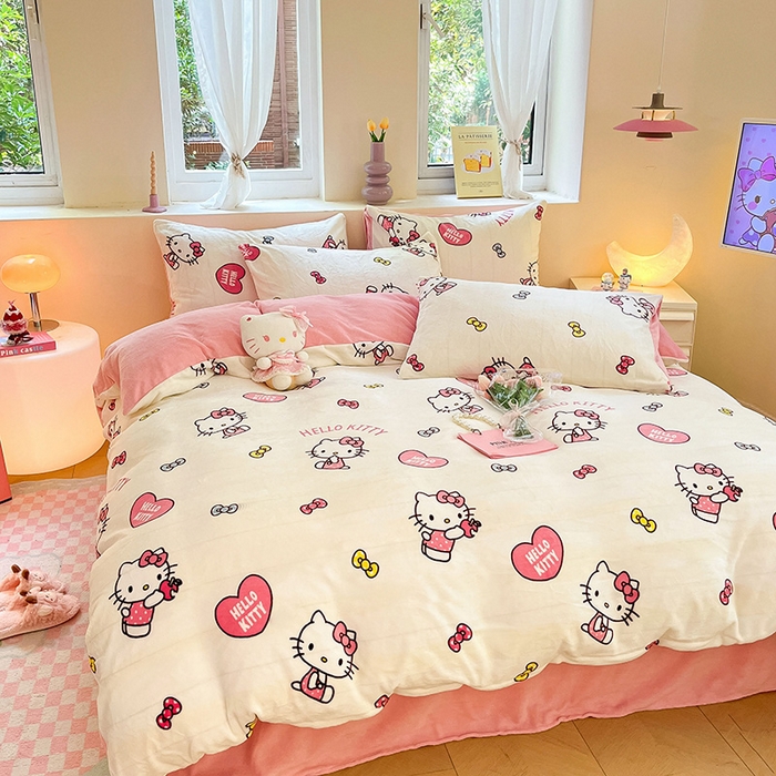 91家纺网 家纺一手货源 找家纺 金爱家 2023新款正版三丽鸥授权卡通加厚高克重牛奶绒四件套 绒三丽鸥-奶油kitty