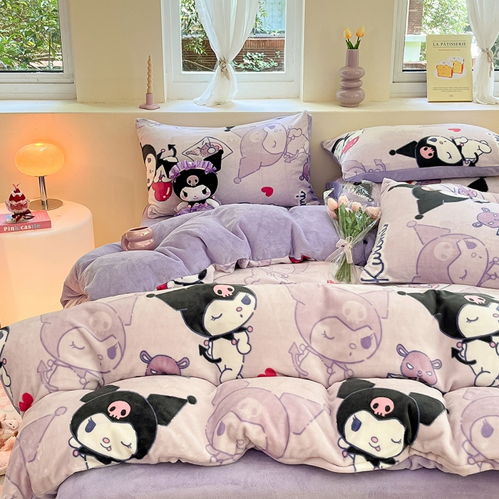 91家纺网 家纺一手货源 找家纺 金爱家 2023新款正版三丽鸥授权卡通加厚高克重牛奶绒四件套 绒三丽鸥-梦幻库洛米