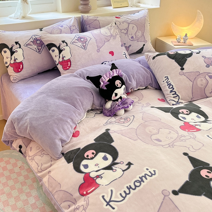 91家纺网 家纺一手货源 找家纺 金爱家 2023新款正版三丽鸥授权卡通加厚高克重牛奶绒四件套 绒三丽鸥-梦幻库洛米