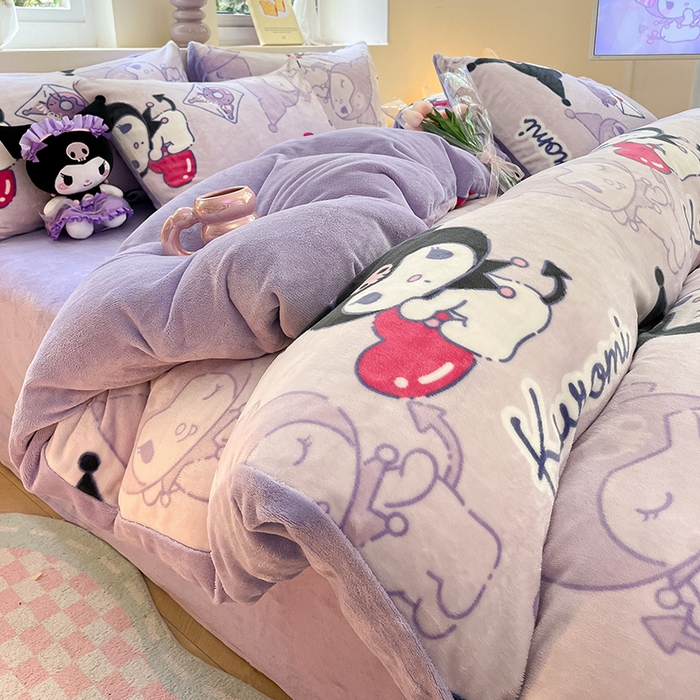 91家纺网 家纺一手货源 找家纺 金爱家 2023新款正版三丽鸥授权卡通加厚高克重牛奶绒四件套 绒三丽鸥-梦幻库洛米