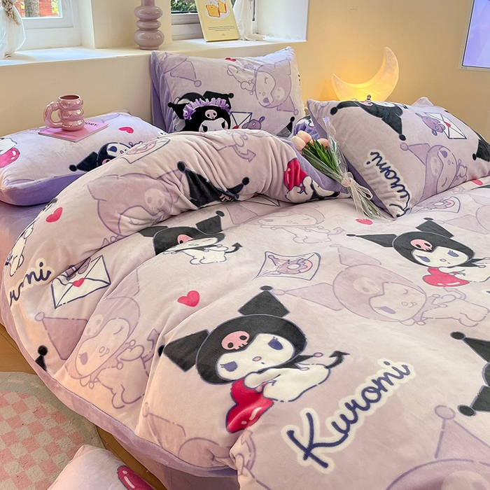 91家纺网 家纺一手货源 找家纺 金爱家 2023新款正版三丽鸥授权卡通加厚高克重牛奶绒四件套 绒三丽鸥-梦幻库洛米