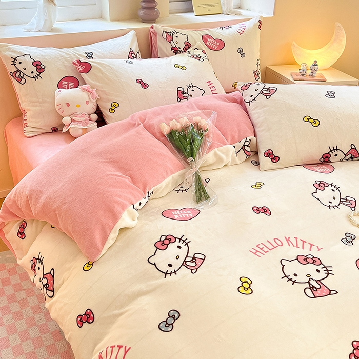91家纺网 家纺一手货源 找家纺 金爱家 2023新款正版三丽鸥授权卡通加厚高克重牛奶绒四件套 绒三丽鸥-奶油kitty