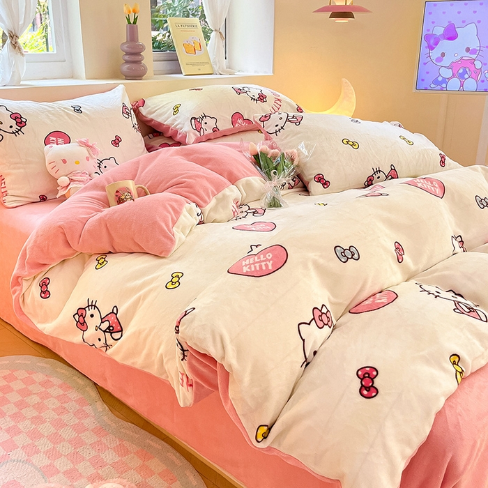 91家纺网 家纺一手货源 找家纺 金爱家 2023新款正版三丽鸥授权卡通加厚高克重牛奶绒四件套 绒三丽鸥-奶油kitty