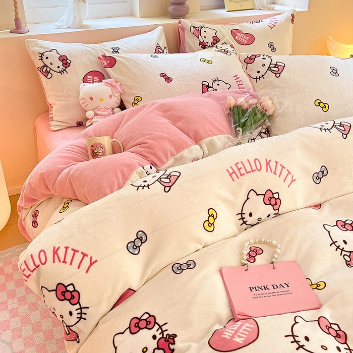 91家纺网 家纺一手货源 找家纺 金爱家 2023新款正版三丽鸥授权卡通加厚高克重牛奶绒四件套 绒三丽鸥-奶油kitty