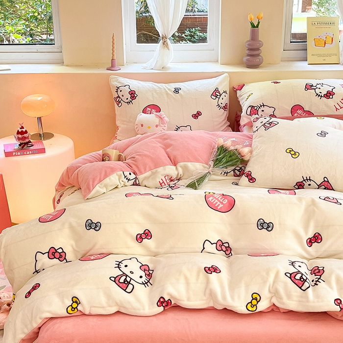 91家纺网 家纺一手货源 找家纺 金爱家 2023新款正版三丽鸥授权卡通加厚高克重牛奶绒四件套 绒三丽鸥-奶油kitty