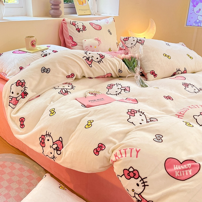 91家纺网 家纺一手货源 找家纺 金爱家 2023新款正版三丽鸥授权卡通加厚高克重牛奶绒四件套 绒三丽鸥-奶油kitty