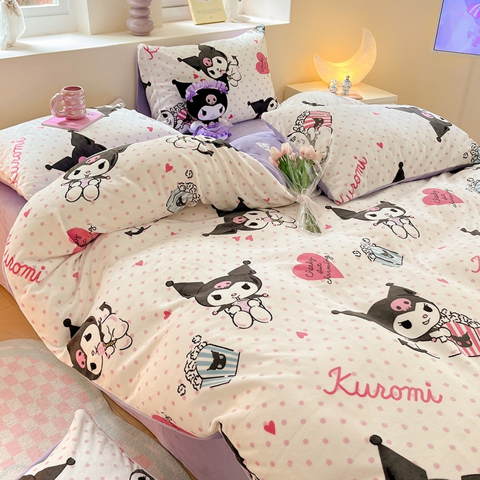 91家纺网 家纺一手货源 找家纺 金爱家 2023新款正版三丽鸥授权卡通加厚高克重牛奶绒四件套 绒三丽鸥-奶油库洛米