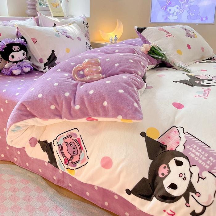 91家纺网 家纺一手货源 找家纺 金爱家 2023新款正版三丽鸥授权卡通加厚高克重牛奶绒四件套 绒三丽鸥-糖果甜圈库洛米