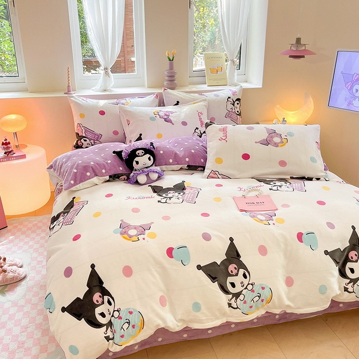 91家纺网 家纺一手货源 找家纺 金爱家 2023新款正版三丽鸥授权卡通加厚高克重牛奶绒四件套 绒三丽鸥-糖果甜圈库洛米