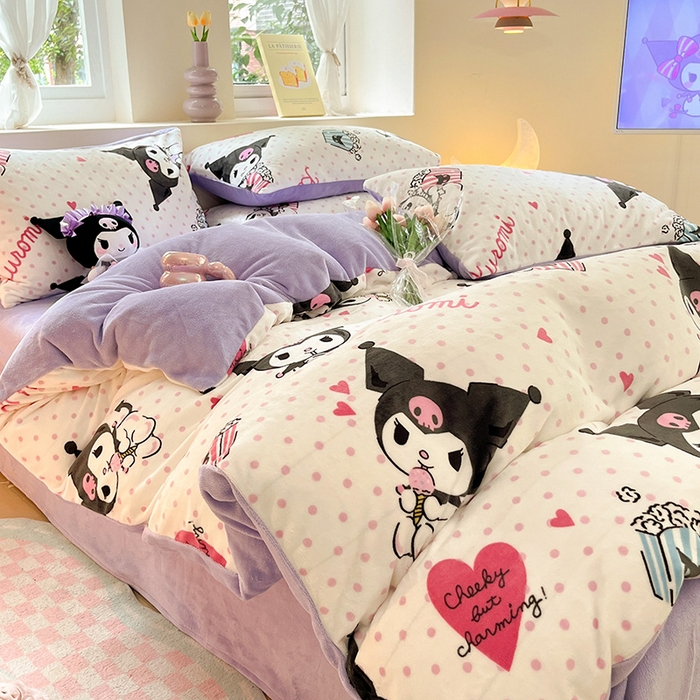 91家纺网 家纺一手货源 找家纺 金爱家 2023新款正版三丽鸥授权卡通加厚高克重牛奶绒四件套 绒三丽鸥-奶油库洛米