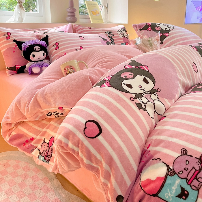 91家纺网 家纺一手货源 找家纺 金爱家 2023新款正版三丽鸥授权卡通加厚高克重牛奶绒四件套 绒三丽鸥-条心库洛米