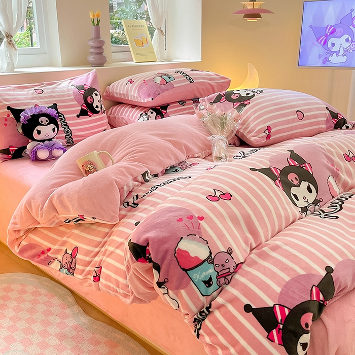 91家纺网 家纺一手货源 找家纺 金爱家 2023新款正版三丽鸥授权卡通加厚高克重牛奶绒四件套 绒三丽鸥-条心库洛米