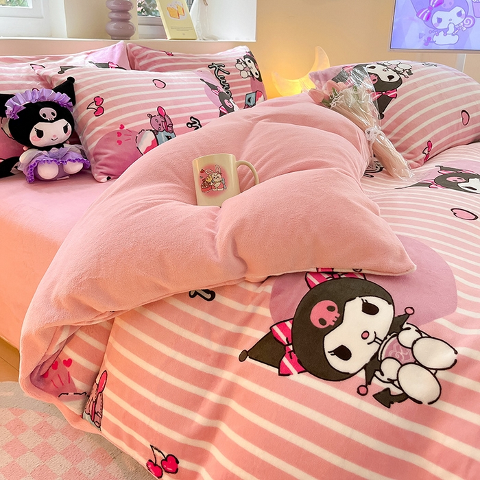 91家纺网 家纺一手货源 找家纺 金爱家 2023新款正版三丽鸥授权卡通加厚高克重牛奶绒四件套 绒三丽鸥-条心库洛米