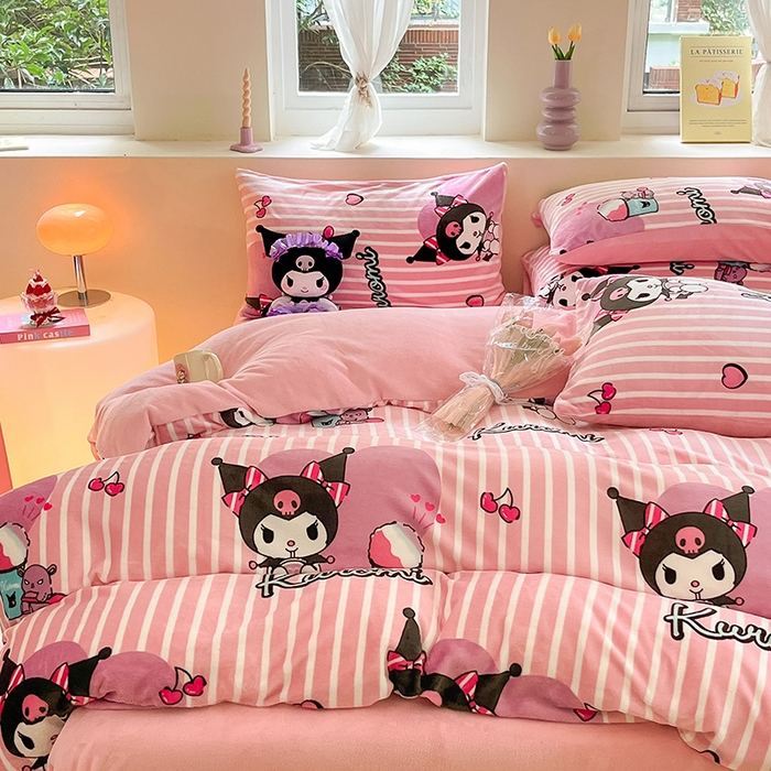 91家纺网 家纺一手货源 找家纺 金爱家 2023新款正版三丽鸥授权卡通加厚高克重牛奶绒四件套 绒三丽鸥-条心库洛米