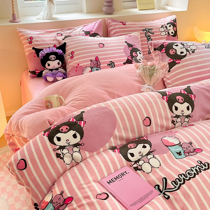 91家纺网 家纺一手货源 找家纺 金爱家 2023新款正版三丽鸥授权卡通加厚高克重牛奶绒四件套 绒三丽鸥-条心库洛米
