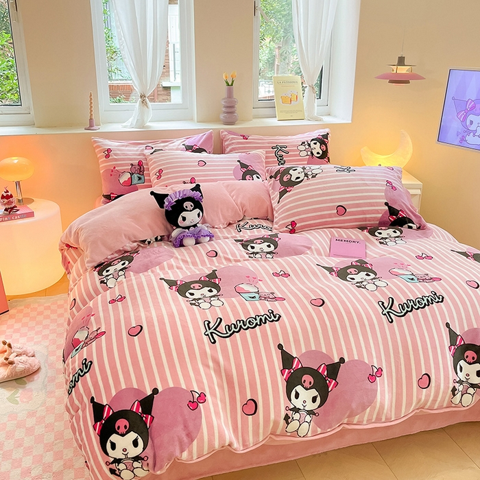 91家纺网 家纺一手货源 找家纺 金爱家 2023新款正版三丽鸥授权卡通加厚高克重牛奶绒四件套 绒三丽鸥-条心库洛米