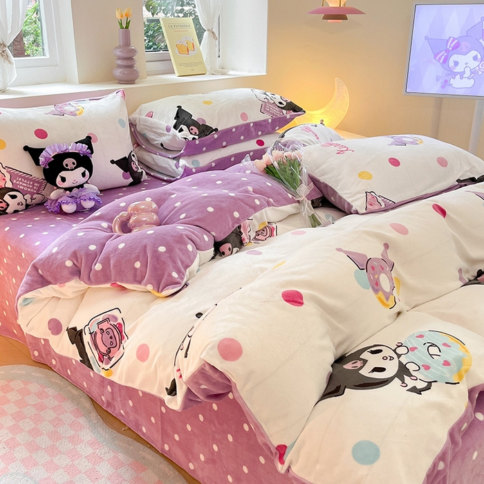 91家纺网 家纺一手货源 找家纺 金爱家 2023新款正版三丽鸥授权卡通加厚高克重牛奶绒四件套 绒三丽鸥-糖果甜圈库洛米