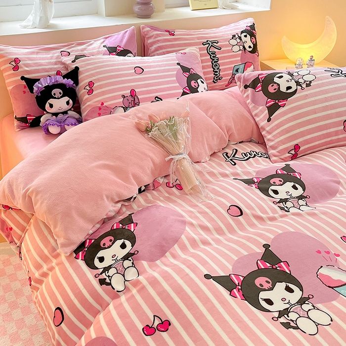 91家纺网 家纺一手货源 找家纺 金爱家 2023新款正版三丽鸥授权卡通加厚高克重牛奶绒四件套 绒三丽鸥-条心库洛米