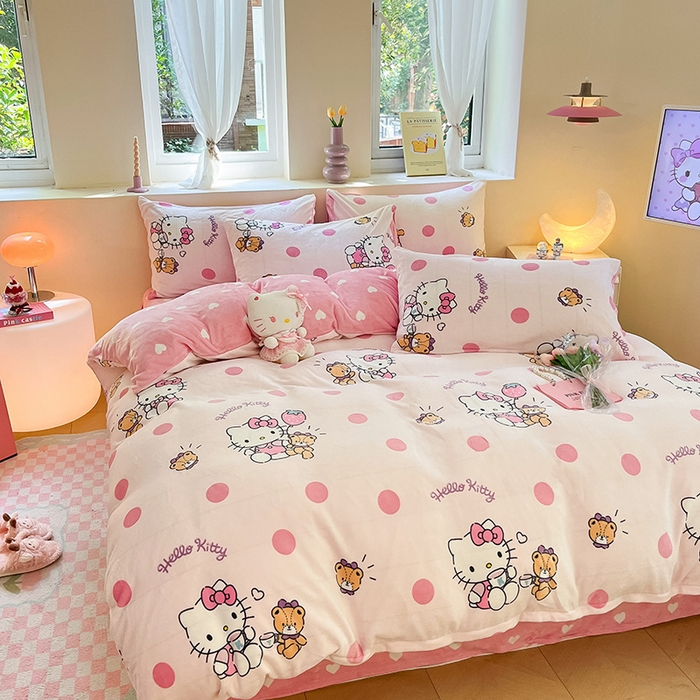 91家纺网 家纺一手货源 找家纺 金爱家 2023新款正版三丽鸥授权卡通加厚高克重牛奶绒四件套 绒三丽鸥-玩偶kitty