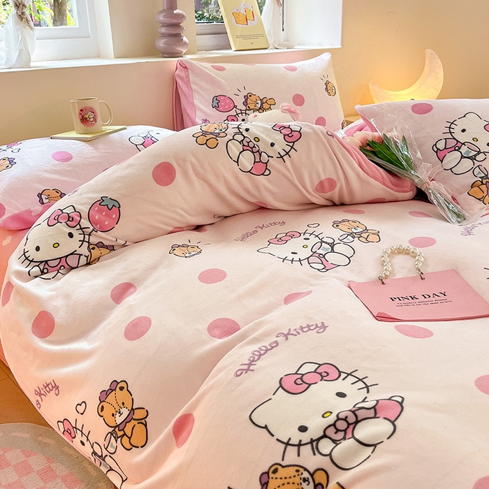 91家纺网 家纺一手货源 找家纺 金爱家 2023新款正版三丽鸥授权卡通加厚高克重牛奶绒四件套 绒三丽鸥-玩偶kitty