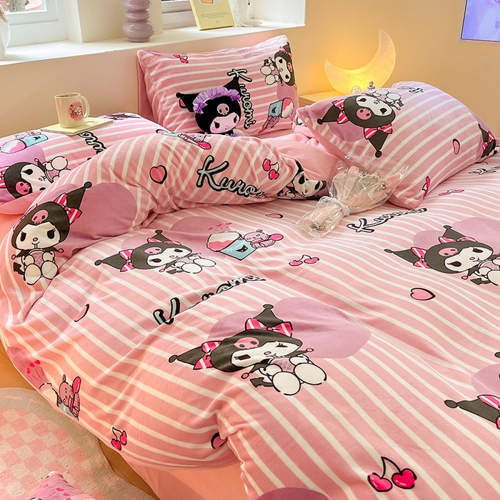 91家纺网 家纺一手货源 找家纺 金爱家 2023新款正版三丽鸥授权卡通加厚高克重牛奶绒四件套 绒三丽鸥-条心库洛米