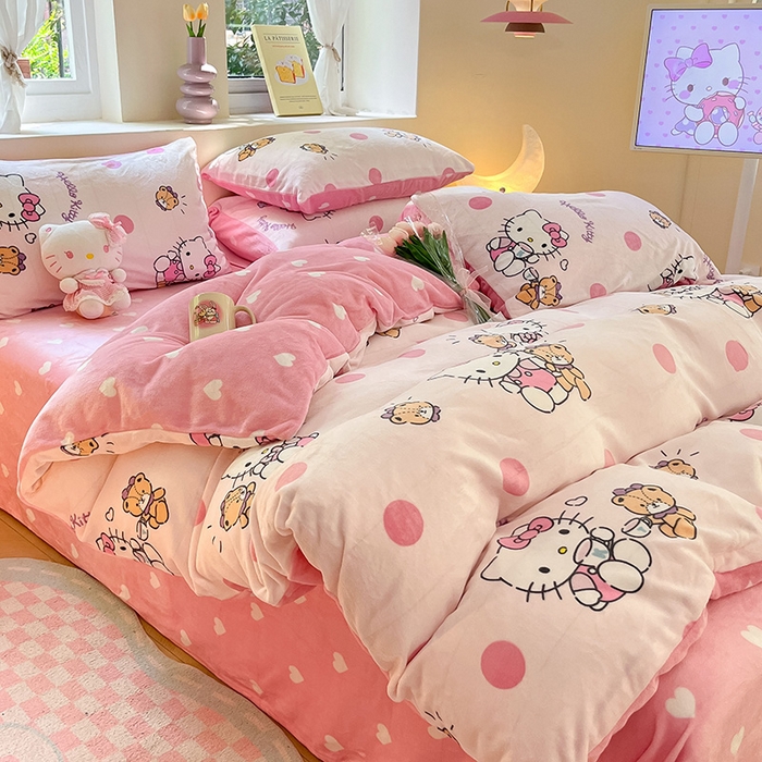 91家纺网 家纺一手货源 找家纺 金爱家 2023新款正版三丽鸥授权卡通加厚高克重牛奶绒四件套 绒三丽鸥-玩偶kitty