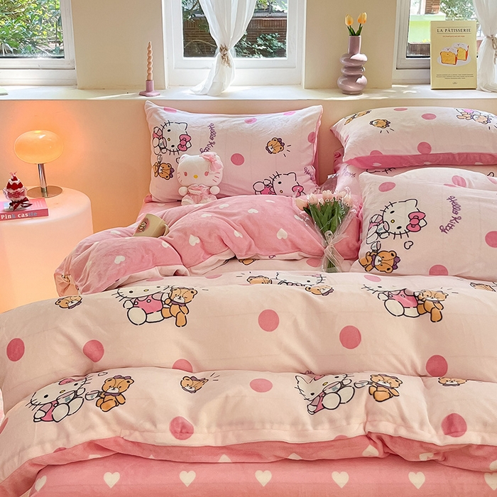 91家纺网 家纺一手货源 找家纺 金爱家 2023新款正版三丽鸥授权卡通加厚高克重牛奶绒四件套 绒三丽鸥-玩偶kitty