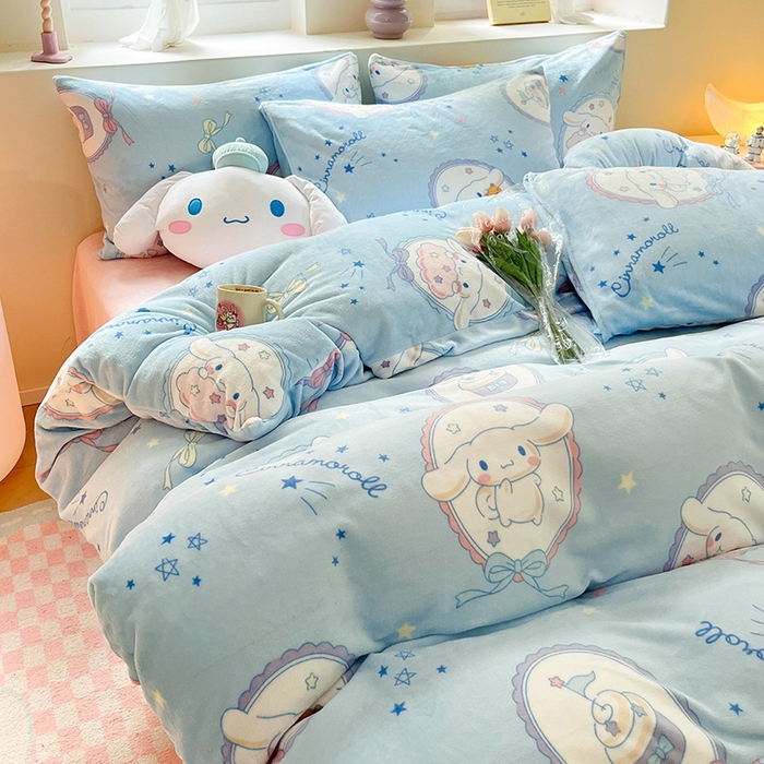 91家纺网 家纺一手货源 找家纺 金爱家 2023新款正版三丽鸥授权卡通加厚高克重牛奶绒四件套 绒三丽鸥-星星玉桂狗