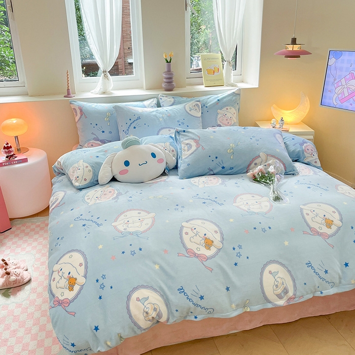 91家纺网 家纺一手货源 找家纺 金爱家 2023新款正版三丽鸥授权卡通加厚高克重牛奶绒四件套 绒三丽鸥-星星玉桂狗